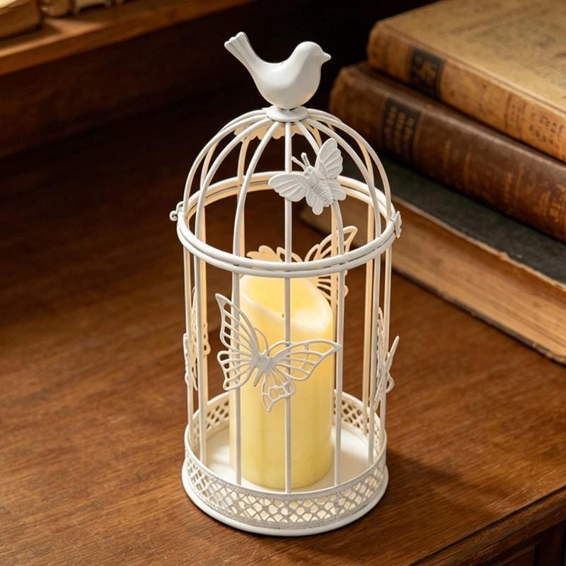 White Iron Candle Holders, Birdcage Frame with Butterfly Accent and Bird Top Detail, Antique Candlestick Lantern for Living Room, Entryway, or Study
