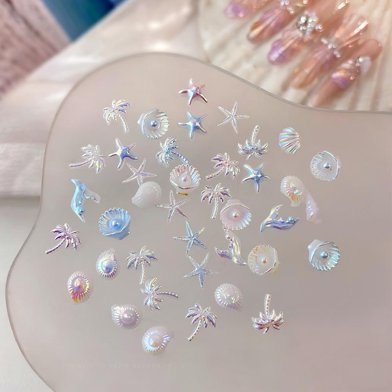 50Pcs Ocean Nail Art Charms Aurora Shell Starfish Mermaid Tail Nail Art Decors Gem Beach  Ice Clear Nail Decorations