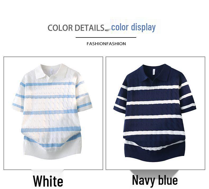 2026 Japanese Style White Striped Lapel Polo Knit T-Shirt for Men - Summer Short Sleeve