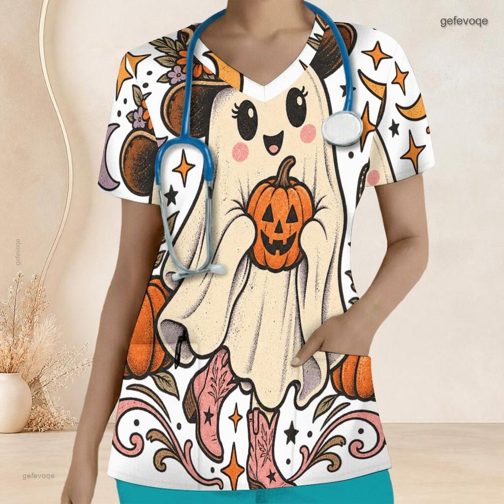 Women Plus Size V Neck Short Sleeve Scrub Top Black Cat Witch Hat Pumpkin Mushroom Halloween Print Nurse Uniform Top