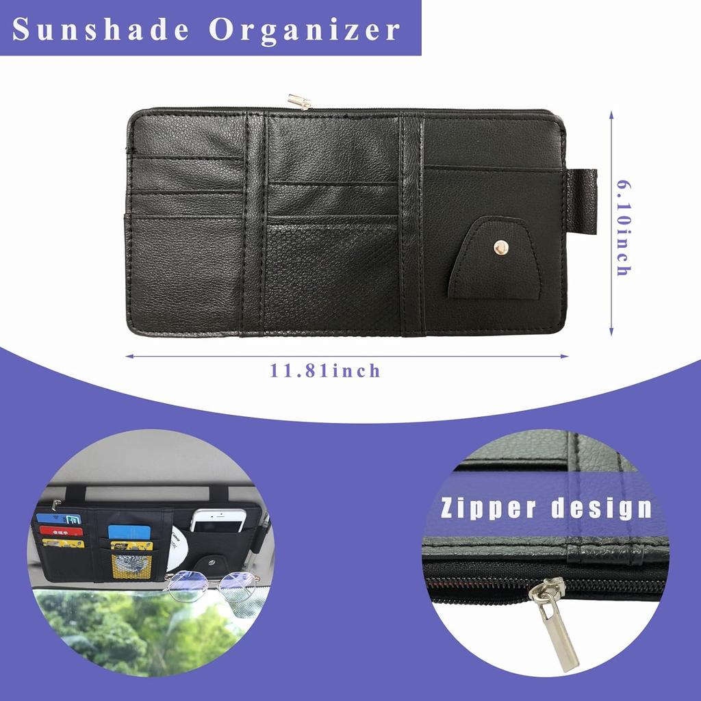 Augeny Car Sun Visor Organizer, Leather Multi-Pocket Auto Visor Storage Pocket Pouch Holder with Zipper, Vehicle Interior Accessories for Car Truck