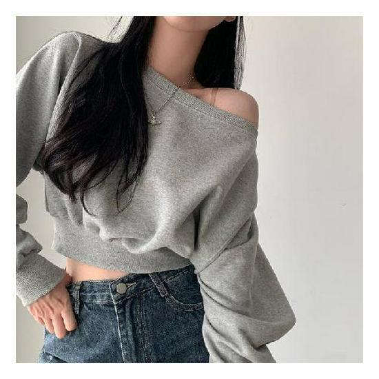 

Korean Chic Solid Color Versatile Women s Off-Shoulder Hoodie - Autumn/Winter, Casual, Loose Fit, Short & Long-Sleeved Options One Size сірий колір
