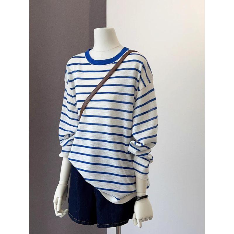 

Рекомендуем уровень Хао! Женский летний свободный повседневный ленивый свитер из льна и ледяного шелка в синюю полоску, блузка с защитой от солнца Blue and white strip S