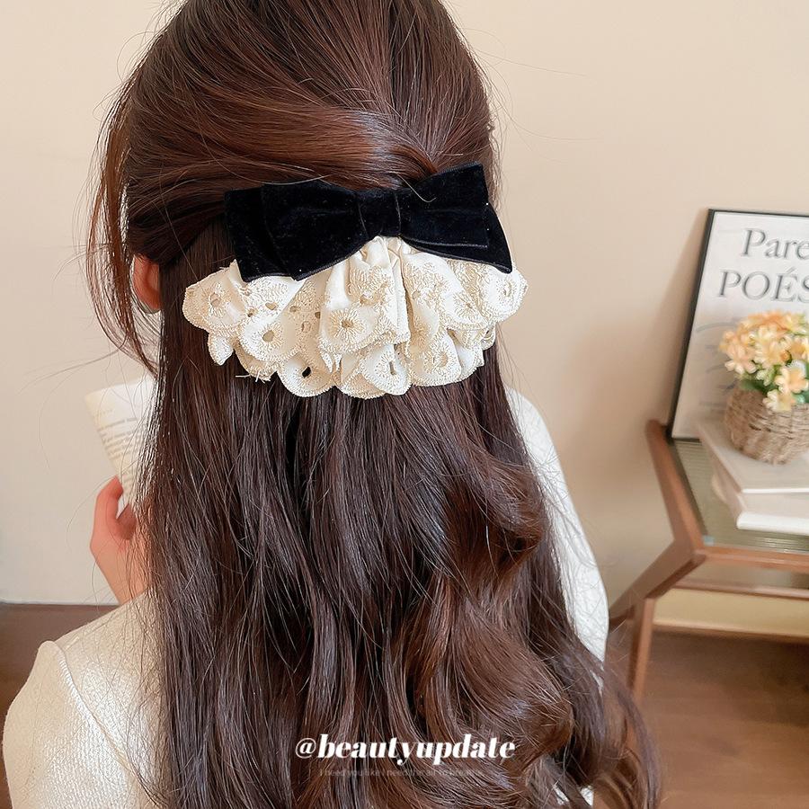 Stoffspitze Beflockung Schleife Haarnadel exquisite Eleganz Temperament Spule Haarfederclip leichter Luxus Nische