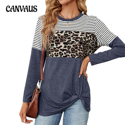 Spring and Autumn Women's Blouse Round Neck Patchwork Leopard Striped Long Sleeve Loose Tops