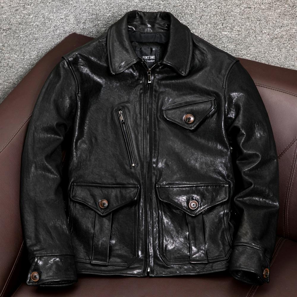 Genuine Sheepskin Leather Jacket Men Slim Fit Vintage Biker Coat Retro Collar