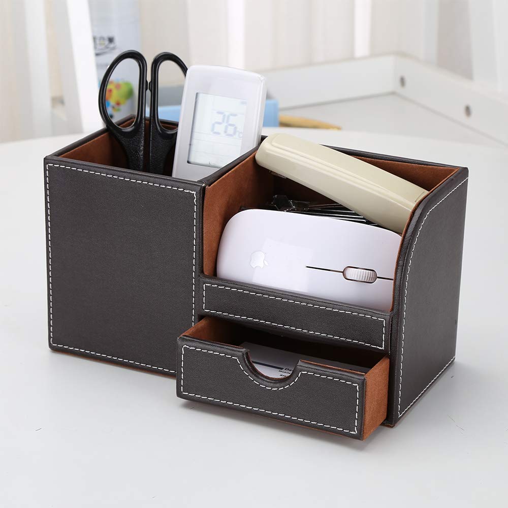 KINGFOM PU Leather Desk Stationery Organizer with Storage Remote Control and Small Drawer Box, Pen/Pencil Stand, Holder, (Brown)