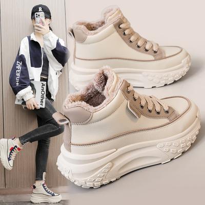 New Fleece Thickened Winter Color Matching Thick-soled Waterproof Heightening Casual College Shoes