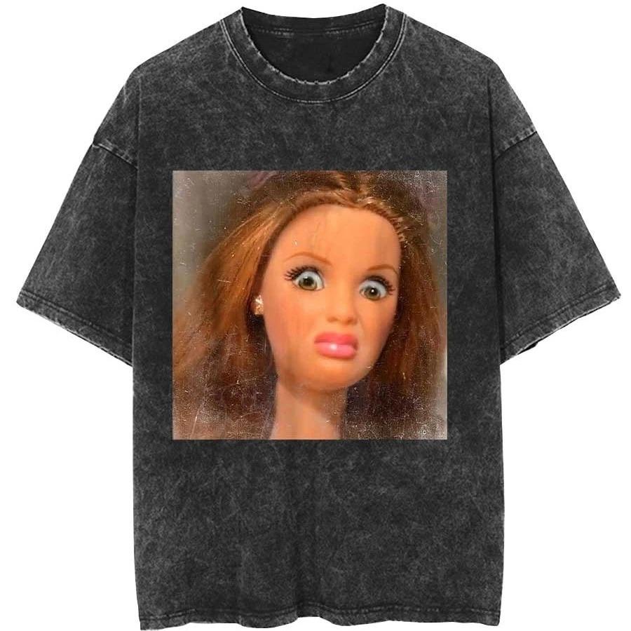 Funny Distressed Doll Face Meme Smoking Oversized T Shirt Unisex Women Streetwear Cotton Vintage Washed Tshirt for Unisex Women Tees M