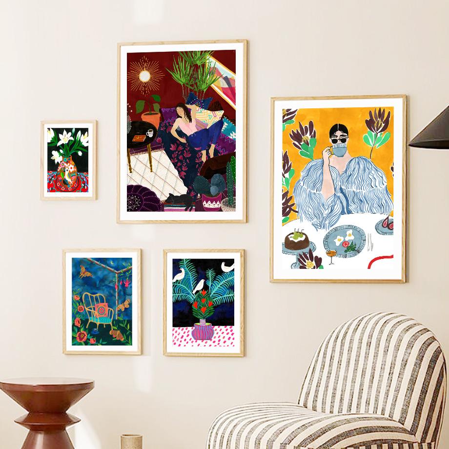 Abstrakte Mode Aktuelles Mädchen Tiger Bunte Blume Wandkunst Leinwand Malerei Poster Und Drucke Wandbilder Für Schlafzimmer Dekor Kein Rahmen