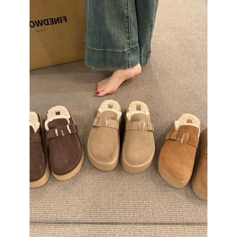 Cowhide version! Thick-soled snow boots increase the height of the bag head and half-drag women's autumn and winter new warm and thickened plush B