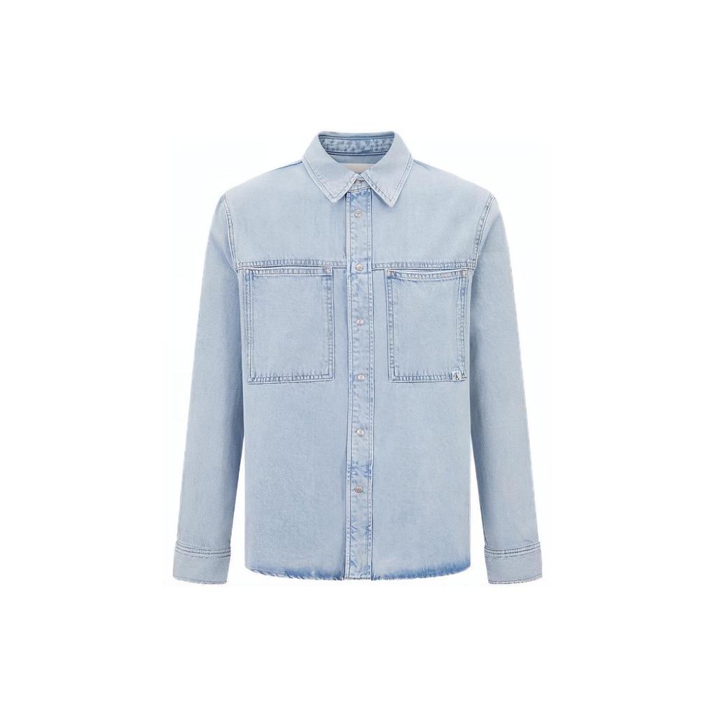 Calvin Klein Solid Single-Breasted Point Collar Long Sleeve Denim Shirt With Square Pockets Men Tops Light-Blue J320536-1AA