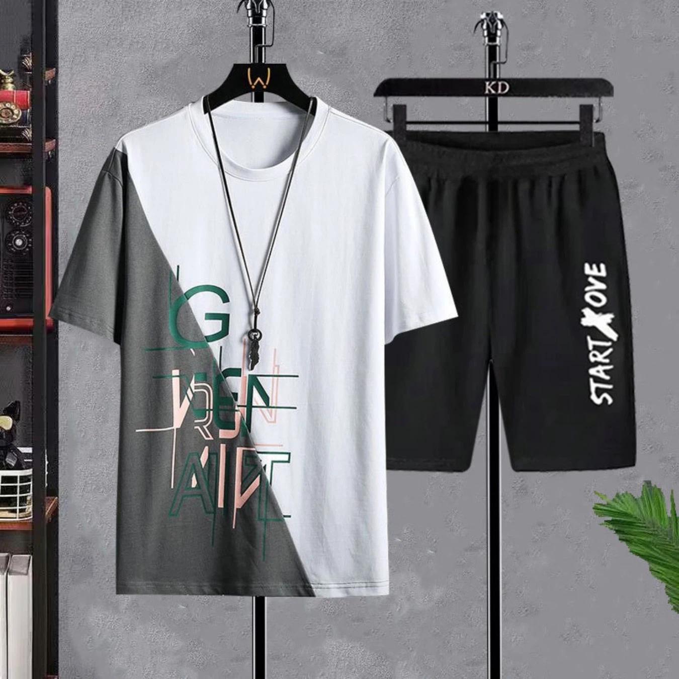 

sports shorts two-piece set casual summer round neck fashion set thin trendy color blocking short sleeved Tshirt 13-14Y