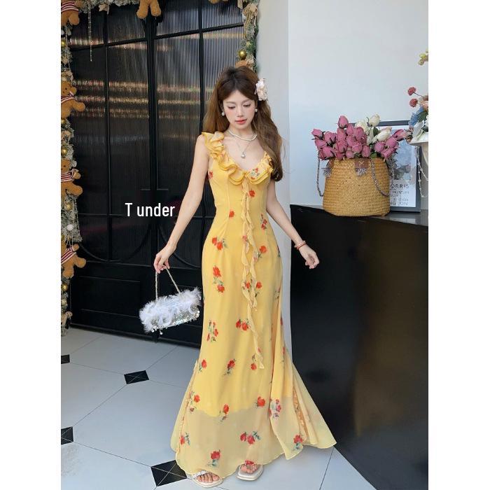 

Women s Mint Rose Floral Print V-Neck Backless Fishtail Dress with Slim Waist Small жёлтый
