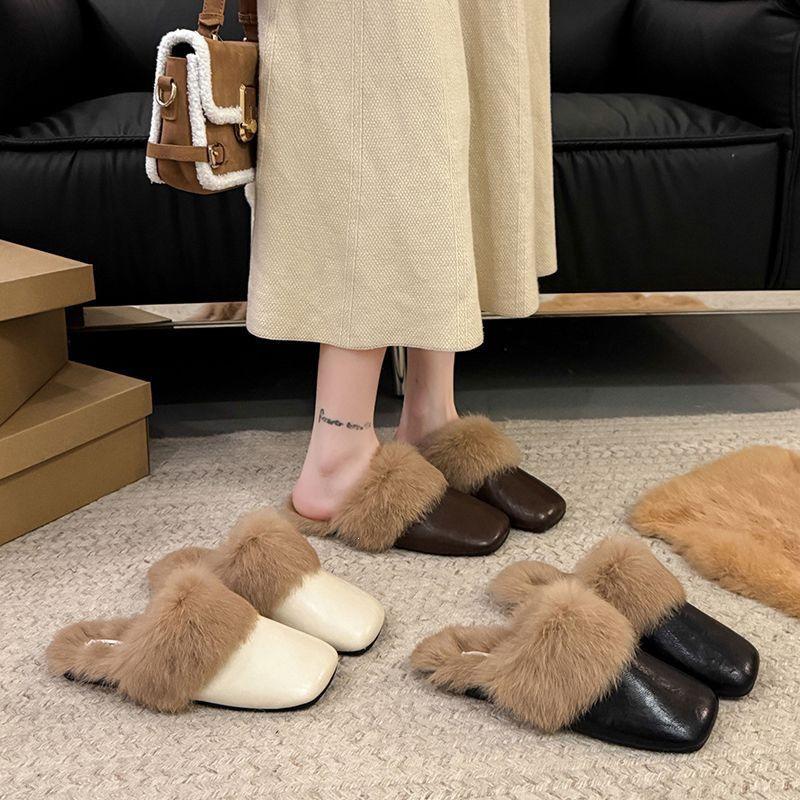 Women's Brown Retro Flat-Sole Fluffy Winter Slippers - 2026 Non-Slip Warm Cotton, Outdoor-Ready