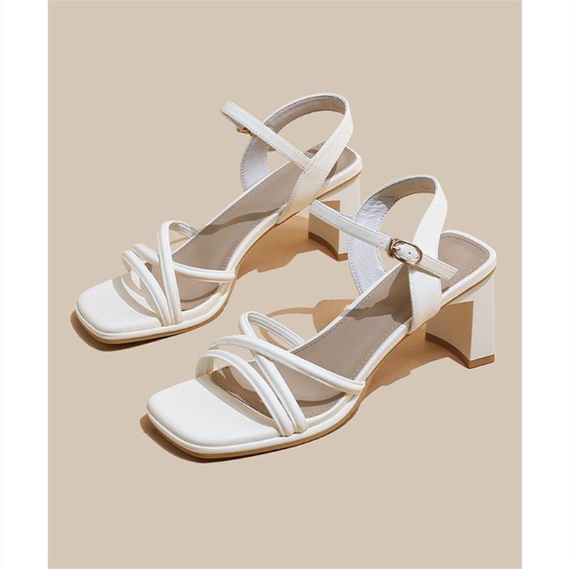 Temperament Thick Heel High Heels Women's White with Skirt One-word Buckle Sandals Women's Spring and Summer Middle Heel New Models