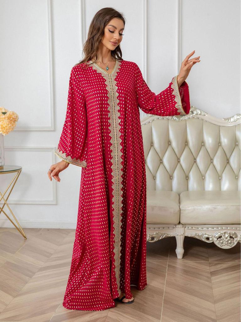 ZD004 Dubai Women's Slim Fit Long Robe: Middle East, Europe & America Style with Lace & Hot Stamping