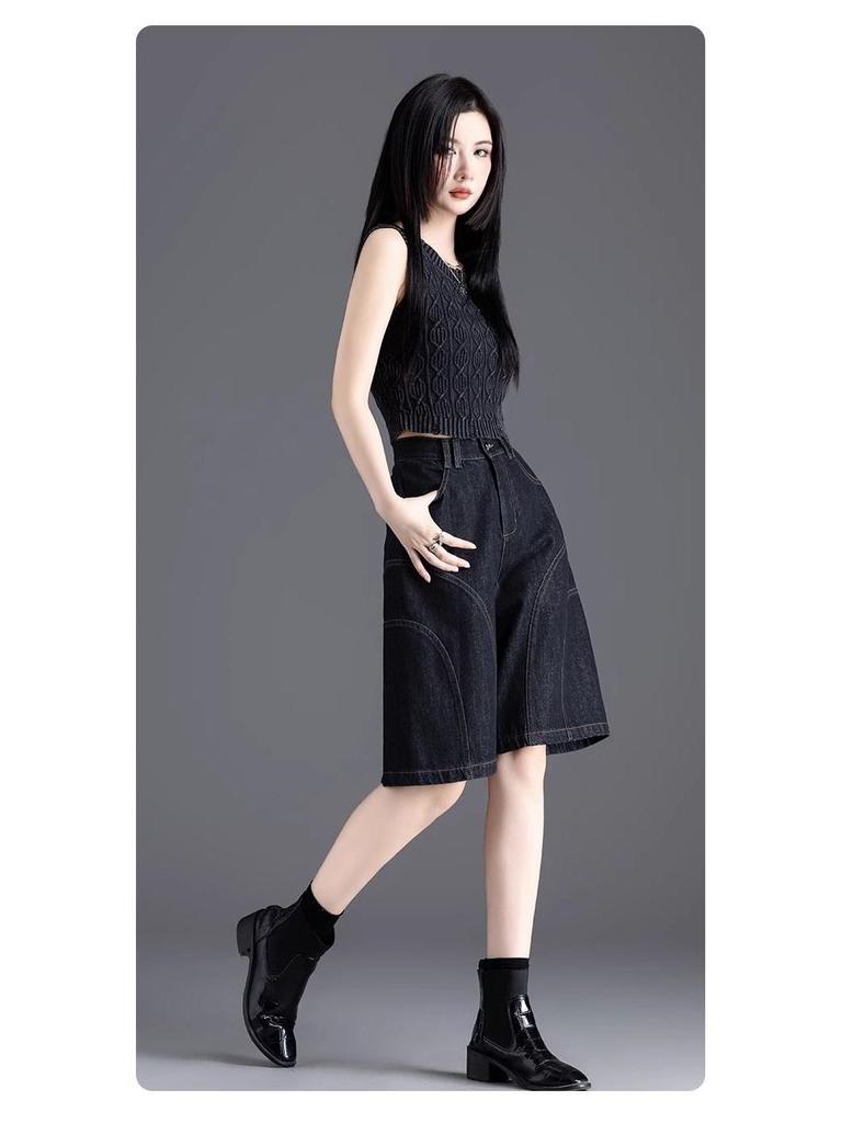 Women's Black Denim Mid-Calf Shorts - Summer 2025 Collection, Lightweight, Loose Fit, Five-Point Wide Leg Style