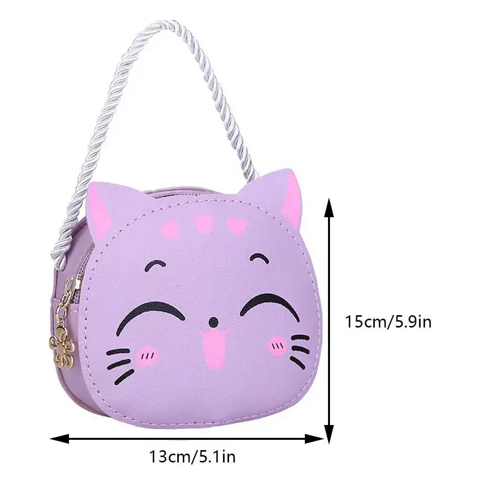 Girls Kawaii Satchel Bag PU Cartoon Cat Mini Shoulder Bag Casual Fashion Coin Purse Compact Kids Cute Sling Pouch Small Bolsa