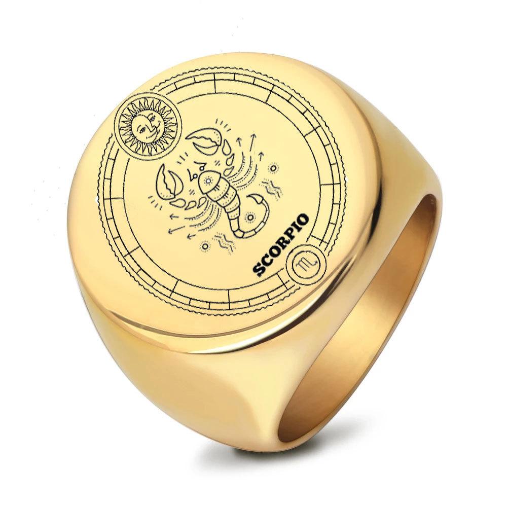 22mm Round Stainless Steel Zodiac Sign Men Ring Retro Fashion Index Finger Ring for Men