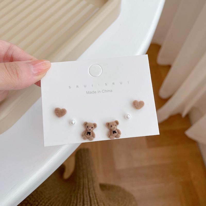 

Набор серег из серебра 925 пробы с милыми медведями и кроличьими ушками - плюшевый корейский/японский стиль для осени/зимы