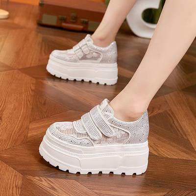 Thick-soled Little White Shoes Women's 2025 Spring and Summer New Inner Height-increasing Women's Shoes Breathable Mesh Rhinestone Versatile Muffin