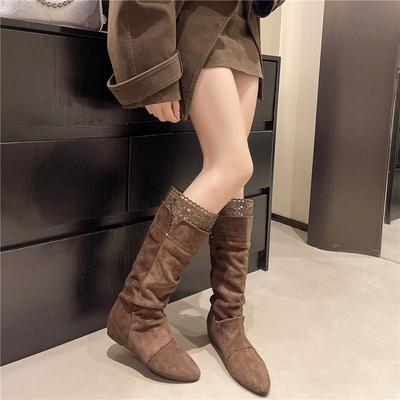 2025 Autumn and Winter Height Increase Pointed Suede Pile Knight Boots Women's Boots Skinny Medium Boots