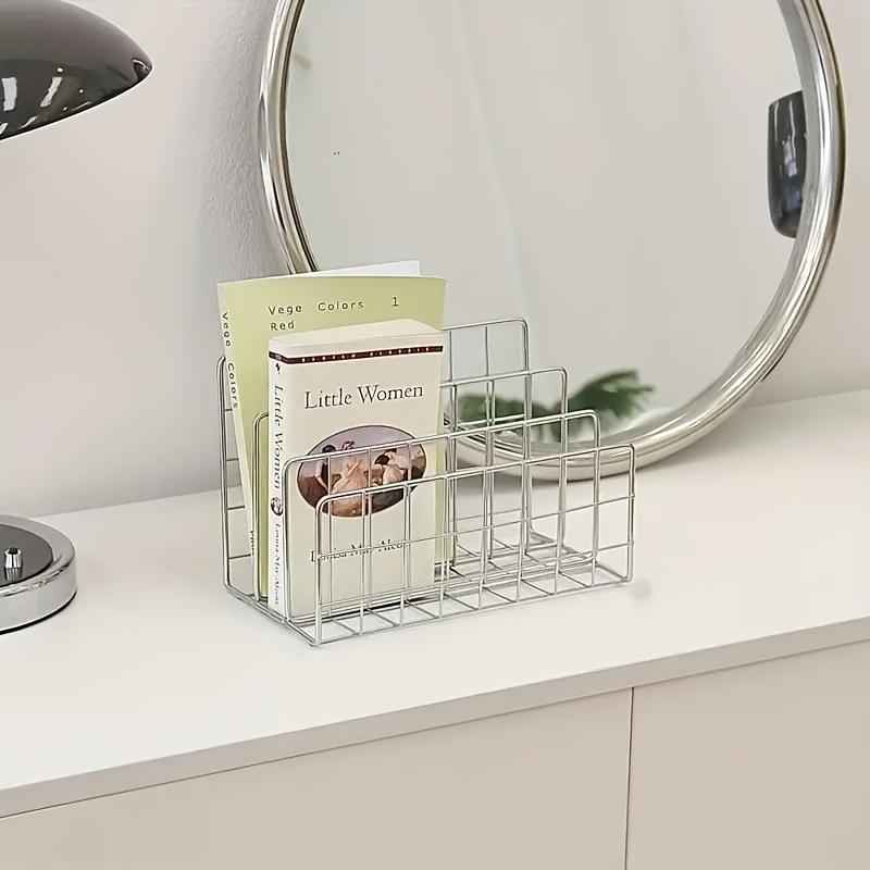 Nordic‑Style 3‑Tier Metal Silver Bookshelf with Storage Baskets, 10‑Grid Desktop Organizer for Books & Magazines