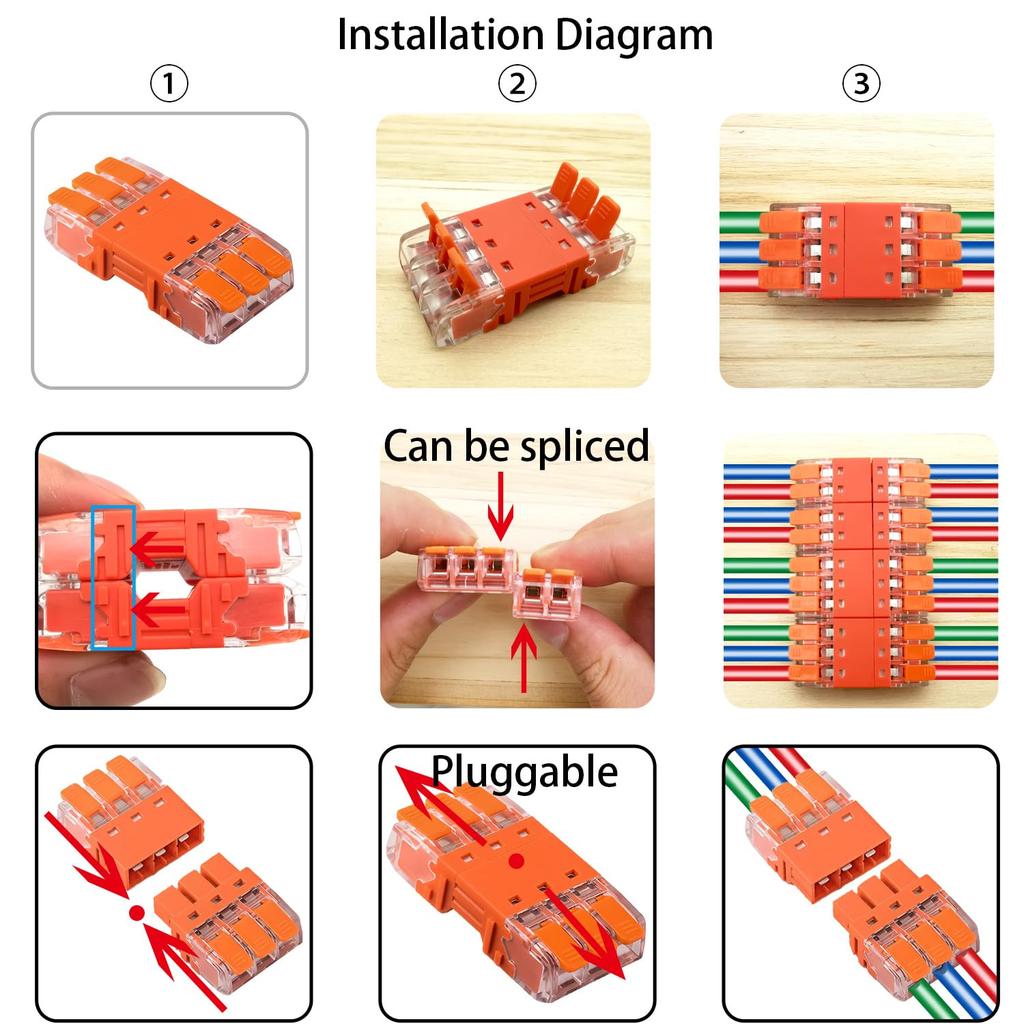 CTRICALVER 3-Way Lever Connector Set, Stackable Terminal Block, Quick Connector with Male and Female Connector, 24A, 450V, 6 Pack