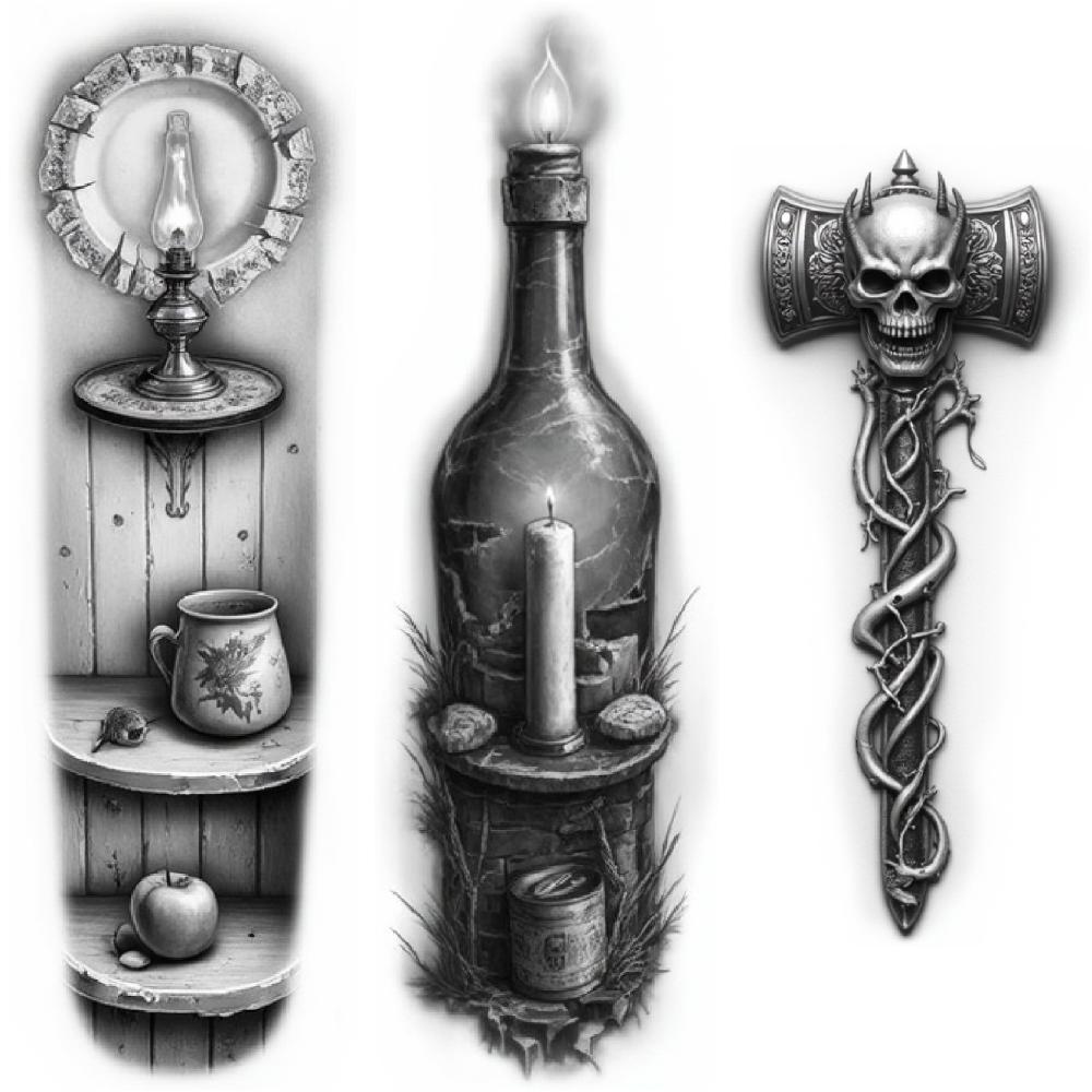 3pcs Temporary Tattoo Black And Grey Realism Candle And Bottle Cauldron With Smoke Sky And Bird For Adults Thighs Women