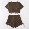 Sexy Drawstring Beach Party Bikini Set 2025 Women Green Black Short Sleeve Two Piece Swimsuit Summer Bathing Suit Pleate High Waist Swimwear