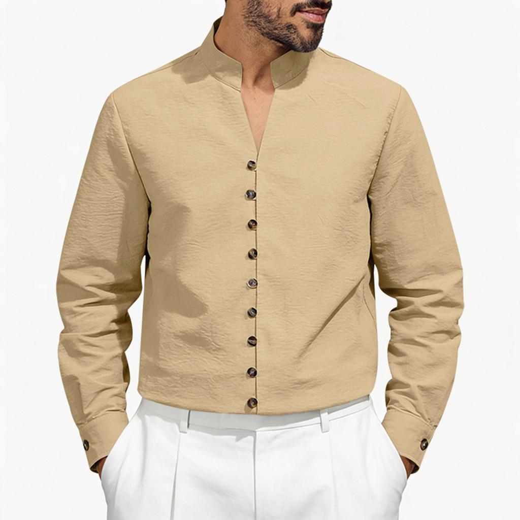 Men's Low Round Neck Tang Button Up Shirt Loose And Casual Jacket