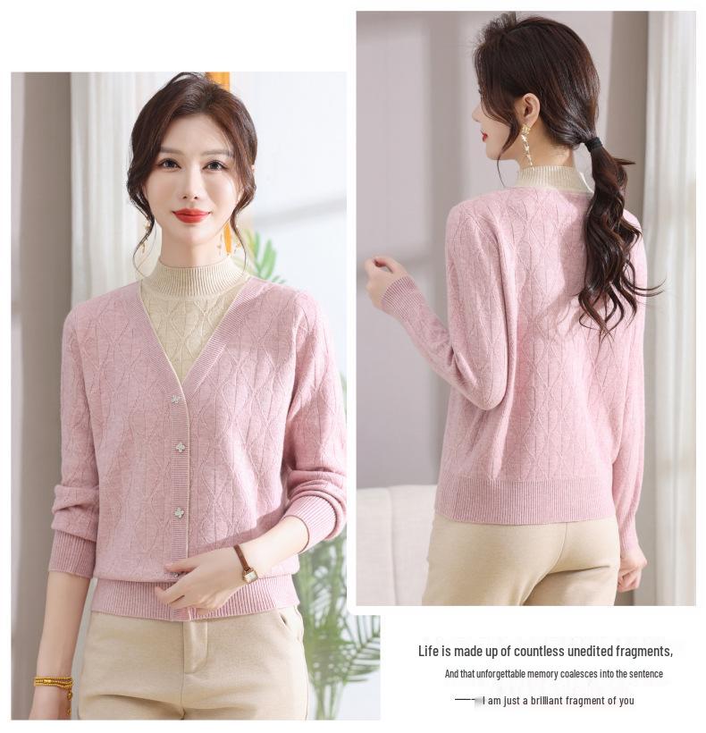 Women's Knit Pullover Sweater: Semi-High Neck, Two-Piece Look, Autumn/Winter Style for Middle-Aged.