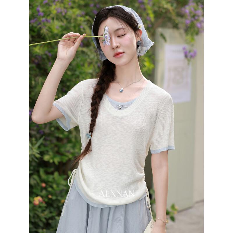 Women s Square Collar Knit Faux Two-Piece Drawstring Top M