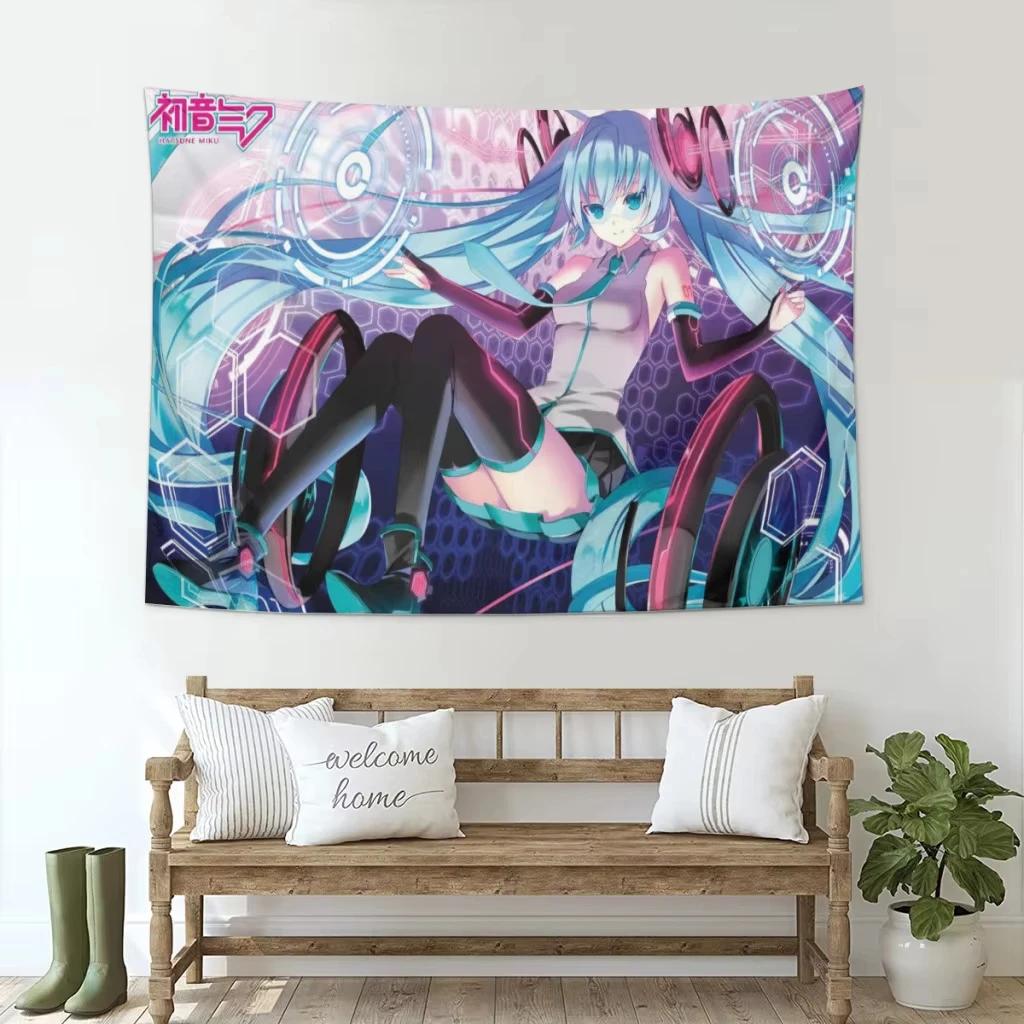 Neko Cat Girl Anime Tapestry Blue Hair Miku Print Polyester Wall Hanging Kawaii Otaku Decor for Bedroom  Living Room