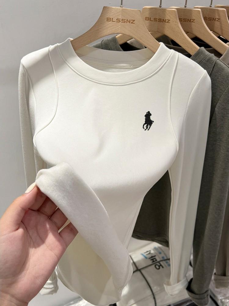 Korean Dongdaemun Embroidered Little Horse Velvet Lined Round Neck Women's T-shirt, Long Sleeve Autumn/Winter Top