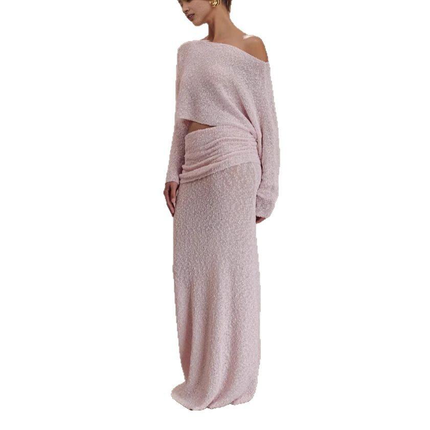 European and American knitted long-sleeved one-word neck top, pleated half-length dress, solid color fashion suit, two-piece set for women