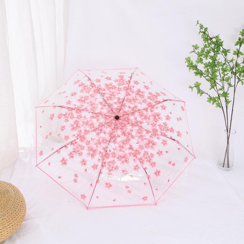 Cherry Blossom Transparent Automatic Umbrella - Soft Girl Three-Fold Design