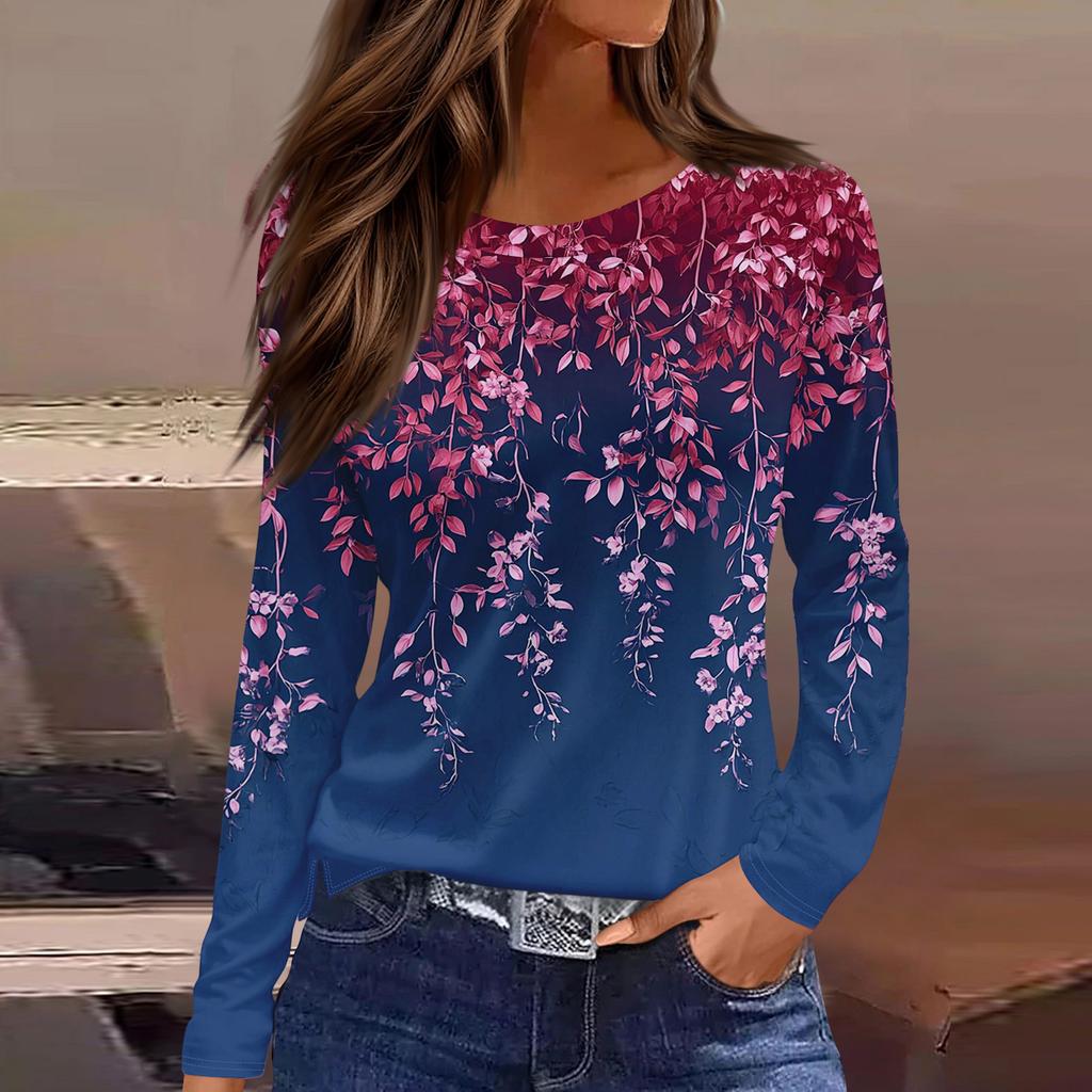 Women's Fashion Casual Slit Hem Round Neck Long Sleeve Loose Printed T-Shirt Ladies Top Christmas