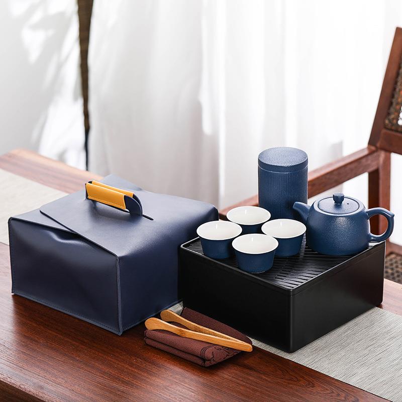 Coarse Pottery Travel Kung Fu Set Ceramic One Pot Four Cups Tray Tea Canister Portable Business Gift
