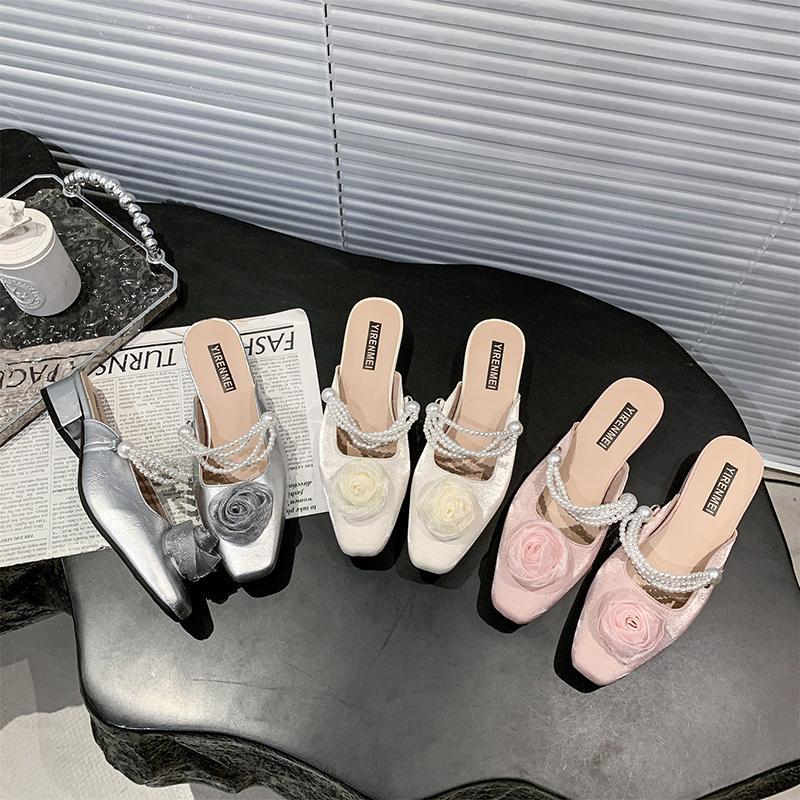 Fashion Mules For Women 2025 String Bead Square heel Cover Toe Low High-Heeled Shoes Lady Flower Ladies' Slippers Block Slides Floral