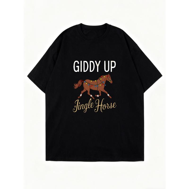 Schwarzes Oversized-T-Shirt mit Giddy Up Jingle Horse Print für Freizeitkleidung und die Feiertagssaison