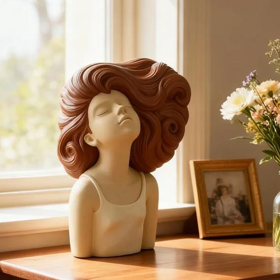 Braunhaariges lockiges Mädchen Header Figur Harzkopf Büste Skulptur für Schlafzimmer Wohnzimmer Heimbüro Schreibtisch Regal Dekoration