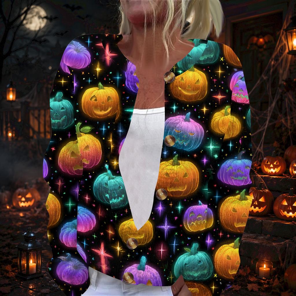 Women's Long Sleeve Halloween Print Cardigan with Button Front for Fall Festive Wear
