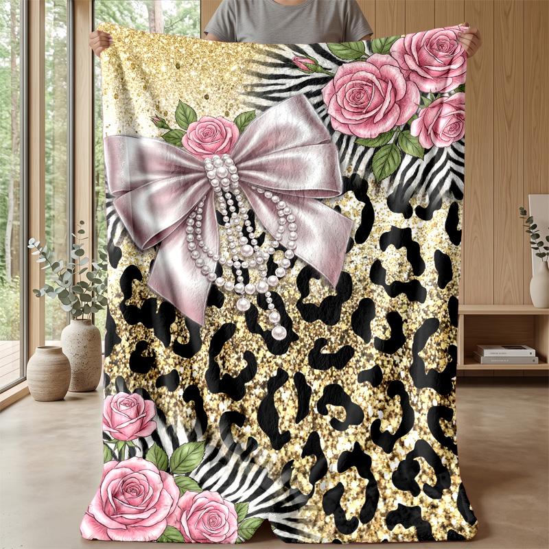 Floral and Bow Composition Theme Blanket Lightweight Warm Flannel Blanket Decorative Throw Blanket for Home Decoration