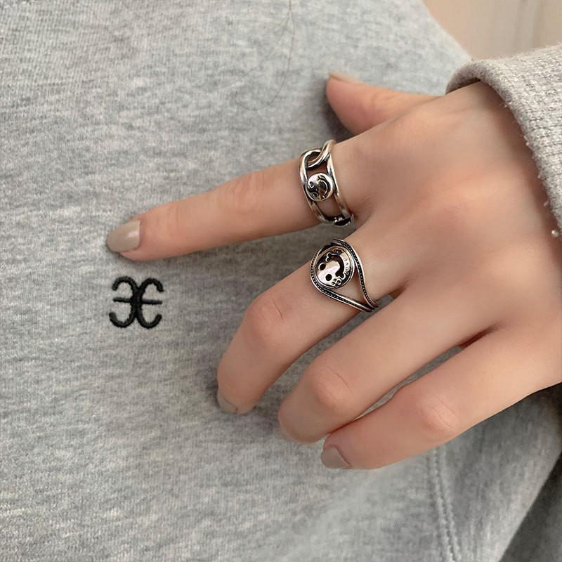 Trendy And Chic Smiley Face Ring In Retro Style 925 Silver Adjustable Jewelry For Women Girls And