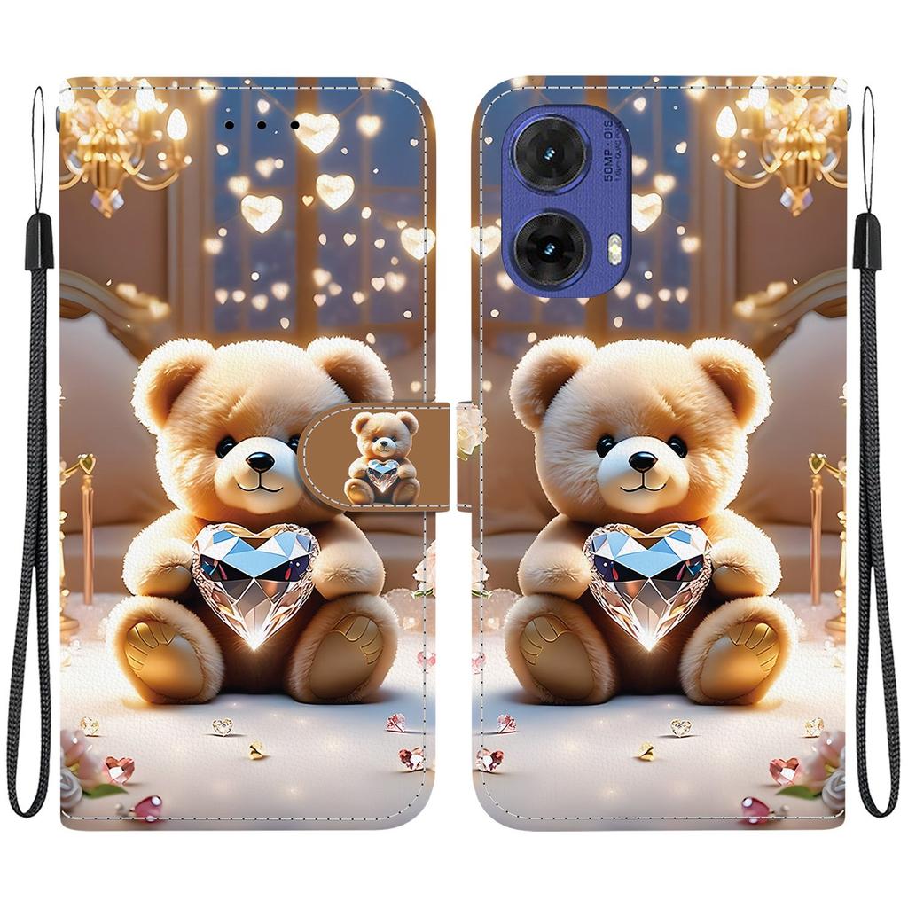 Ručně vyráběné PU kožené flipové pouzdro pro Motorola Moto G85 Protiskluzový nárazuvzdorný kryt s poutkem na zápěstí a designy Srdce/Růže Kočka