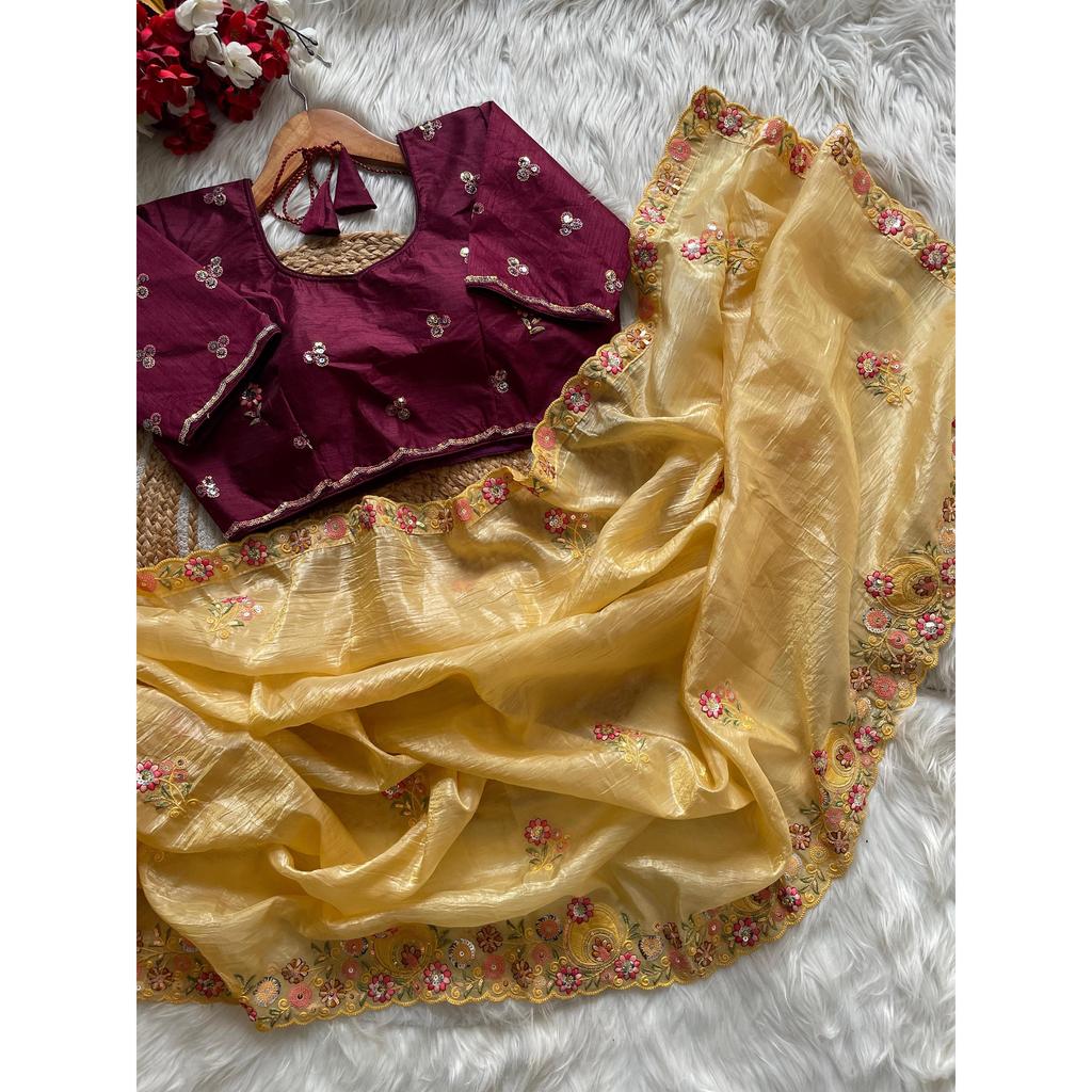 Premium Gold Crush Fabric with Multi Thread Sequins C Pallu Work with Arco Cut Border Saree
