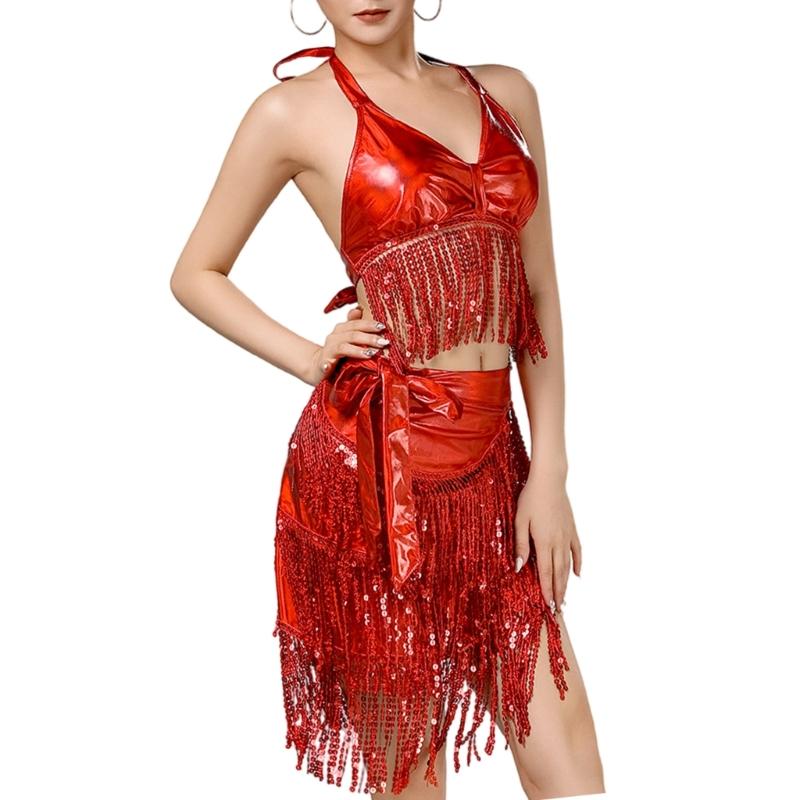 Belly Dance Costume Latin Dance Outfits Sequins Tassels Skirt and Halter Bra Top