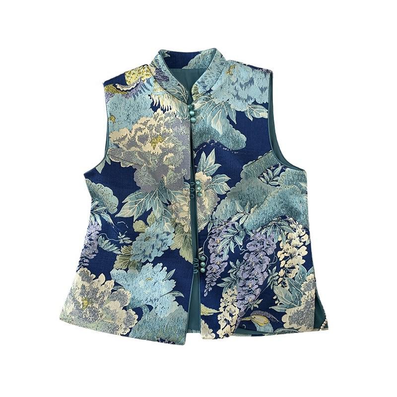 Elegant Hanfu-Style Vest with Embroidered Frog Buttons and Jacquard Brocade